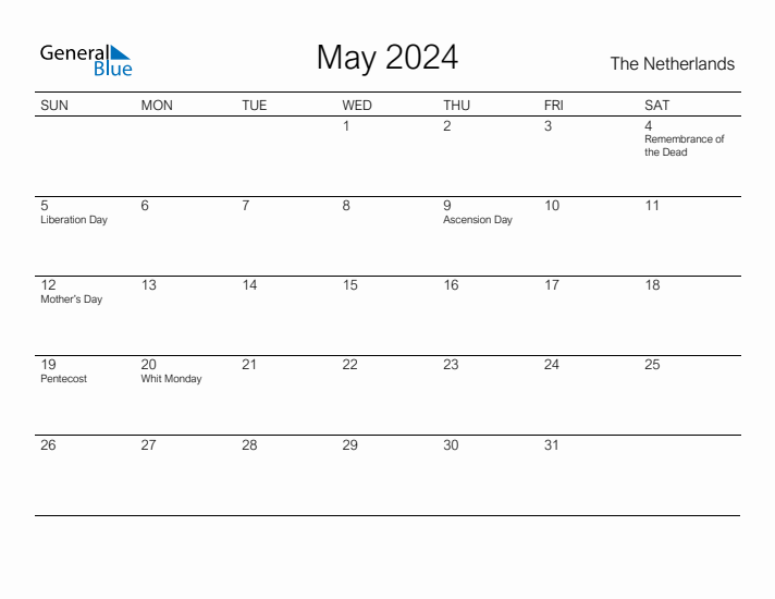 Printable May 2024 Calendar for The Netherlands