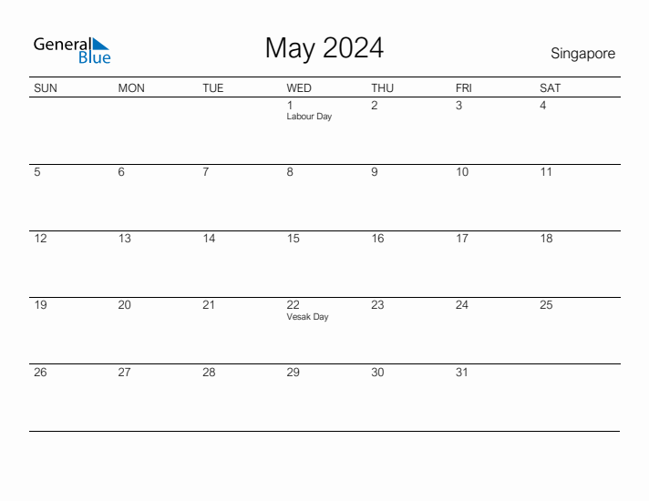 Printable May 2024 Calendar for Singapore