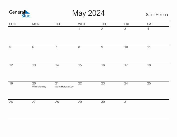 Printable May 2024 Calendar for Saint Helena