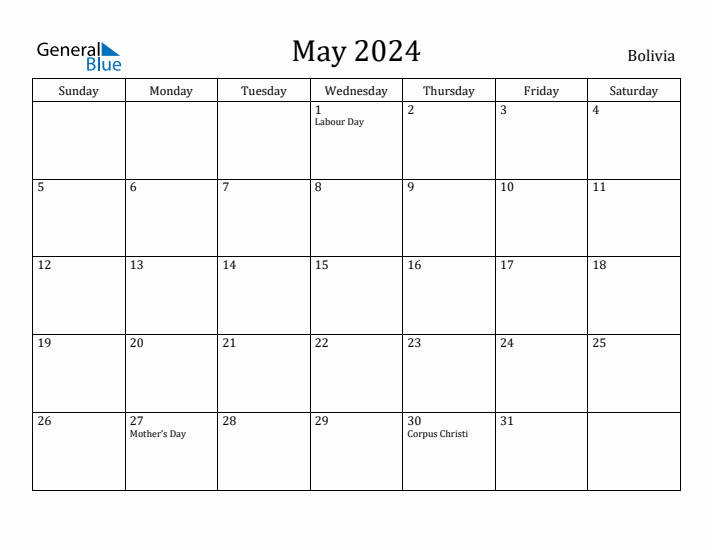 May 2024 Calendar Bolivia