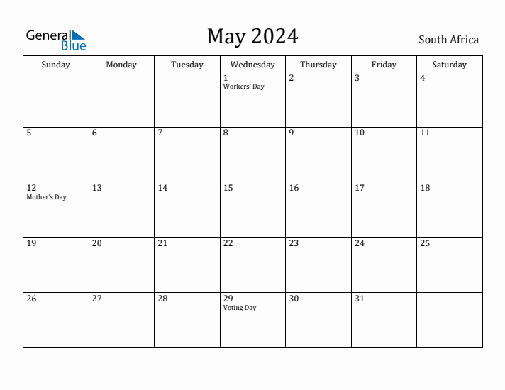 May 2024 Calendar South Africa