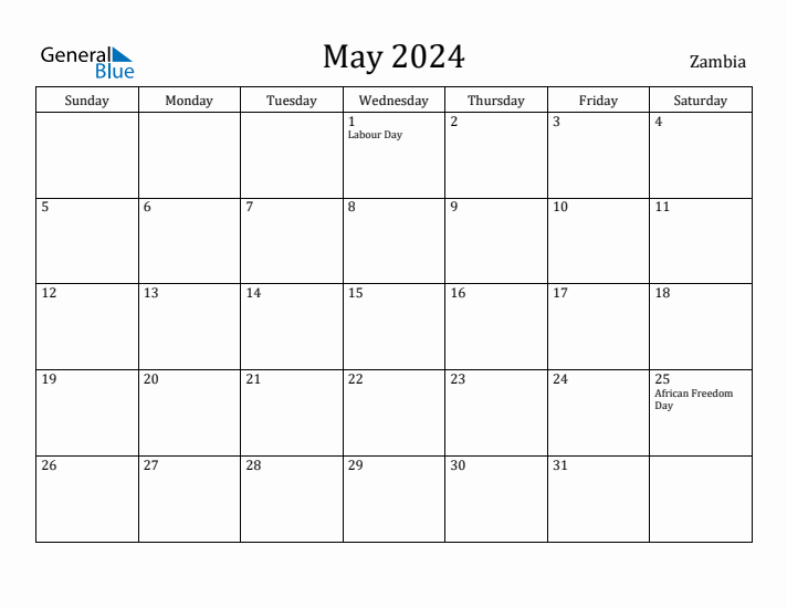 May 2024 Calendar Zambia