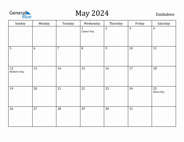 May 2024 Calendar Zimbabwe