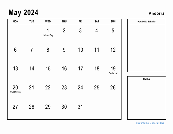 May 2024 Printable Monthly Calendar with Andorra Holidays