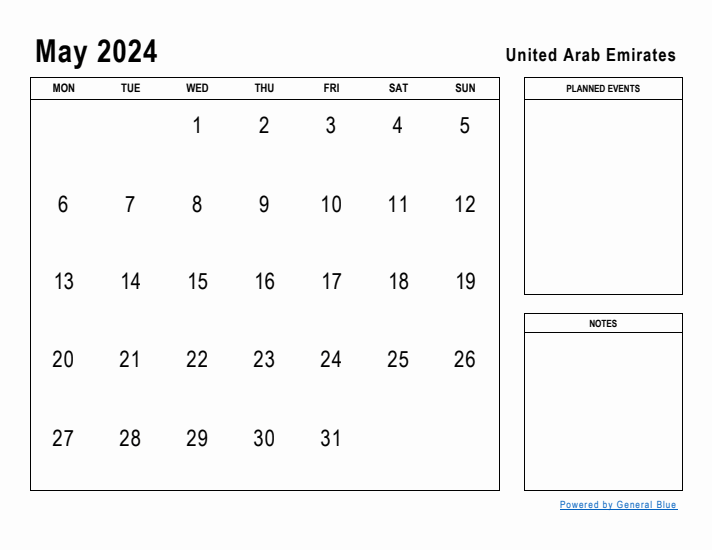 May 2024 Printable Monthly Calendar with United Arab Emirates Holidays