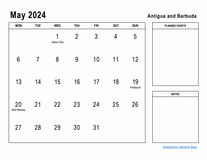 May 2024 Printable Monthly Calendar with Antigua and Barbuda Holidays