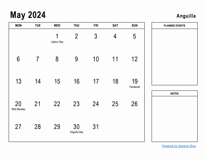 May 2024 Printable Monthly Calendar with Anguilla Holidays