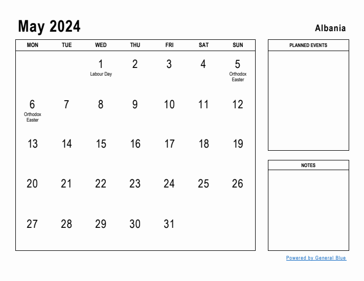 May 2024 Printable Monthly Calendar with Albania Holidays