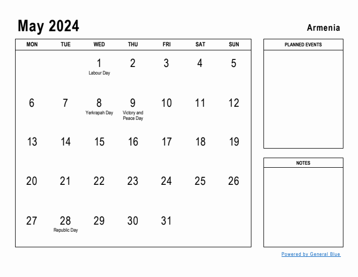 May 2024 Printable Monthly Calendar with Armenia Holidays