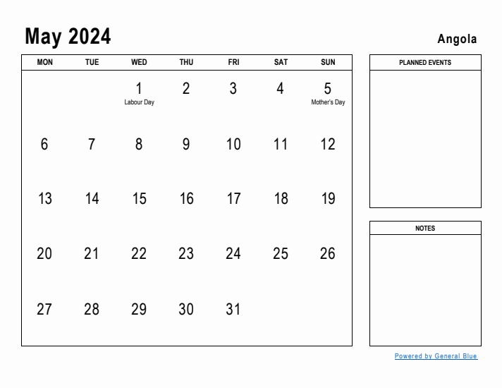 May 2024 Printable Monthly Calendar with Angola Holidays