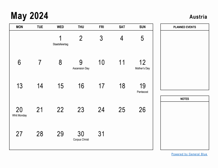 May 2024 Printable Monthly Calendar with Austria Holidays