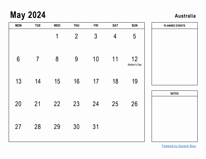 May 2024 Printable Monthly Calendar with Australia Holidays