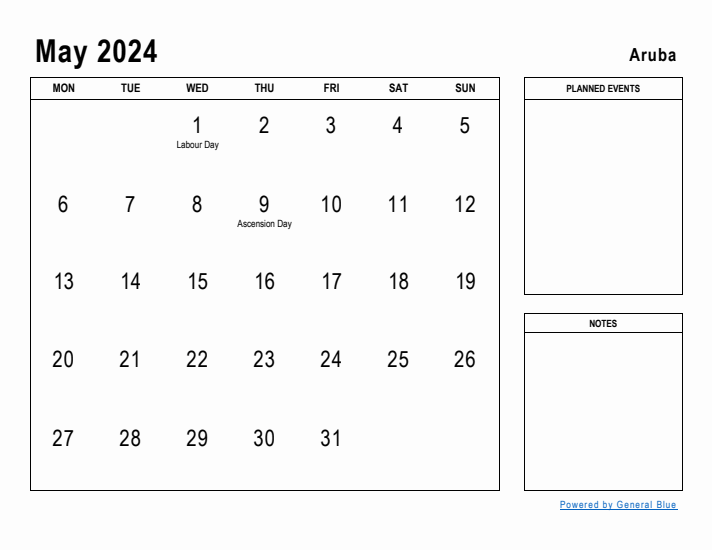 May 2024 Printable Monthly Calendar with Aruba Holidays