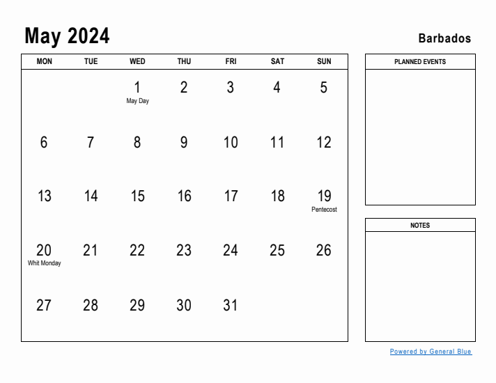 May 2024 Printable Monthly Calendar with Barbados Holidays