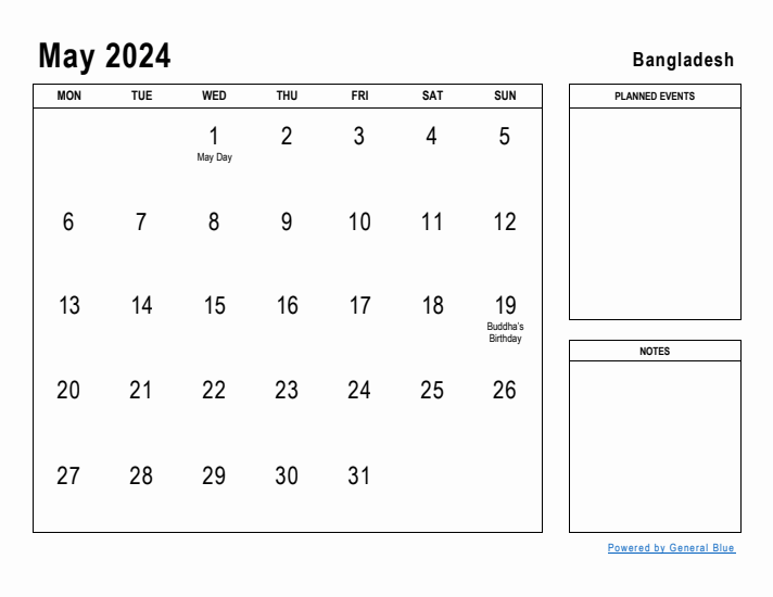 May 2024 Printable Monthly Calendar with Bangladesh Holidays