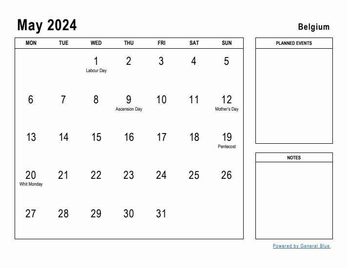 May 2024 Printable Monthly Calendar with Belgium Holidays