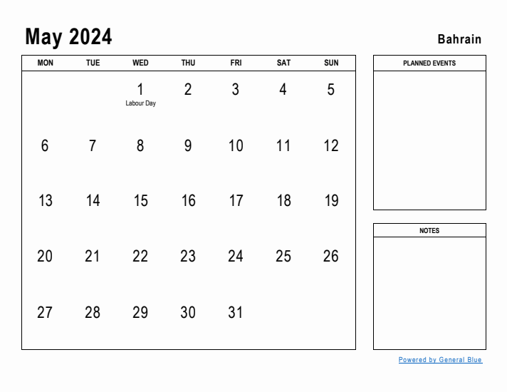 May 2024 Printable Monthly Calendar with Bahrain Holidays