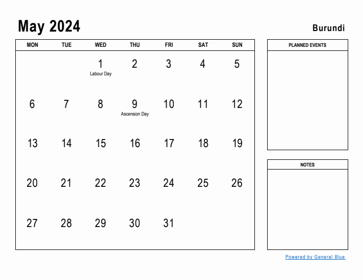 May 2024 Printable Monthly Calendar with Burundi Holidays