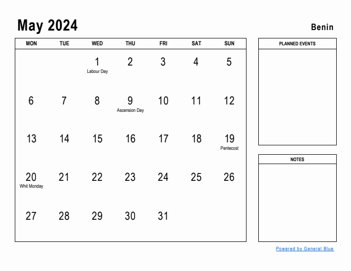 May 2024 Printable Monthly Calendar with Benin Holidays