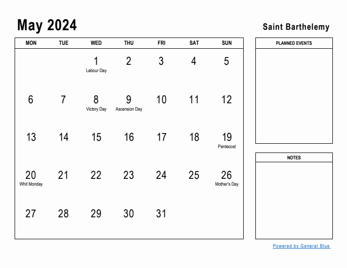 May 2024 Printable Monthly Calendar with Saint Barthelemy Holidays