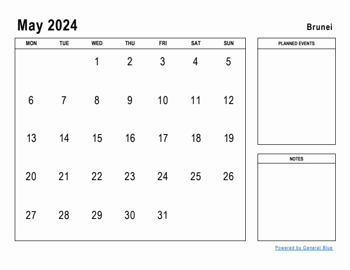 May 2024 Printable Monthly Calendar with Brunei Holidays