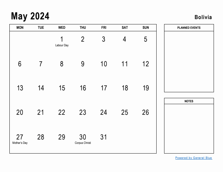 May 2024 Printable Monthly Calendar with Bolivia Holidays