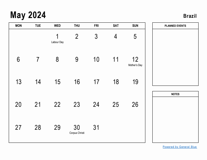 May 2024 Printable Monthly Calendar with Brazil Holidays