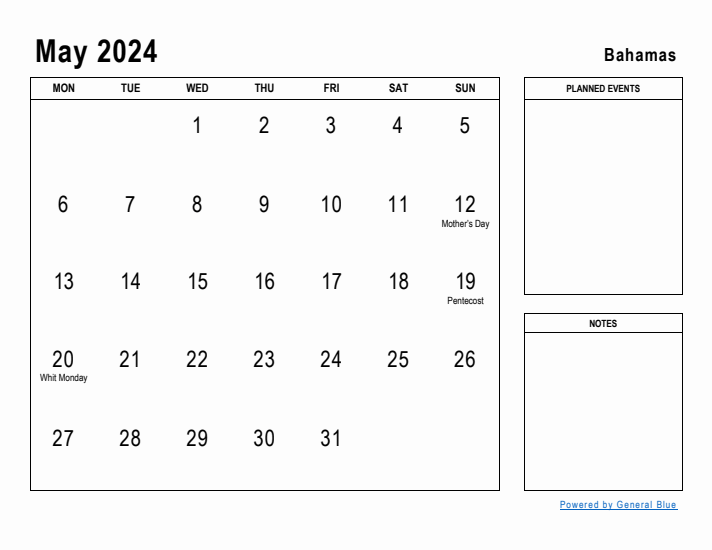 May 2024 Printable Monthly Calendar with Bahamas Holidays