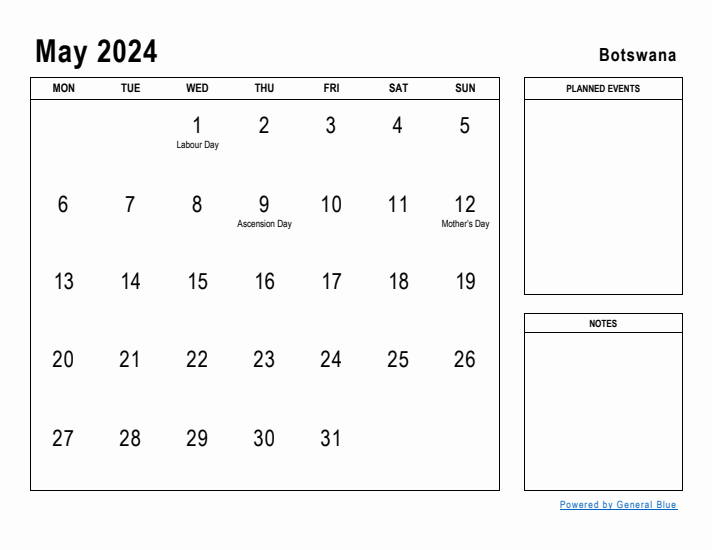 May 2024 Printable Monthly Calendar with Botswana Holidays