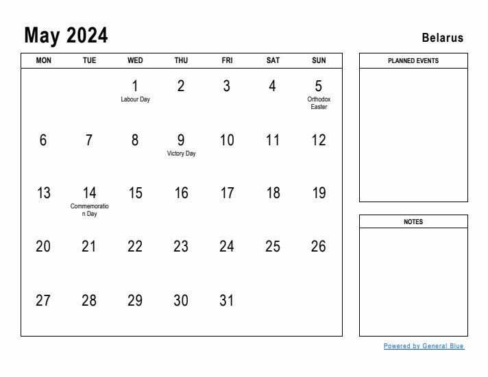 May 2024 Printable Monthly Calendar with Belarus Holidays