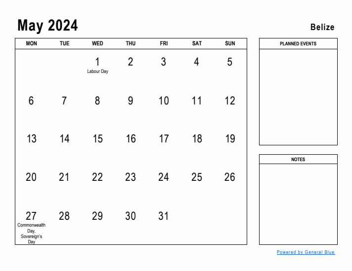 May 2024 Printable Monthly Calendar with Belize Holidays