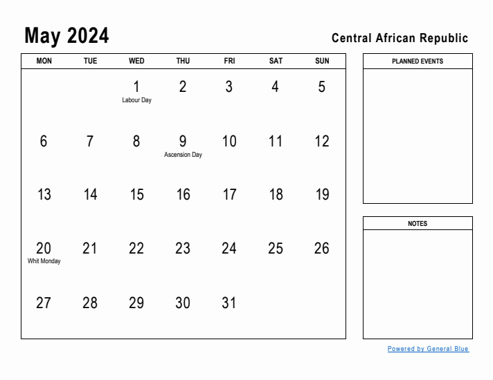 May 2024 Printable Monthly Calendar with Central African Republic Holidays