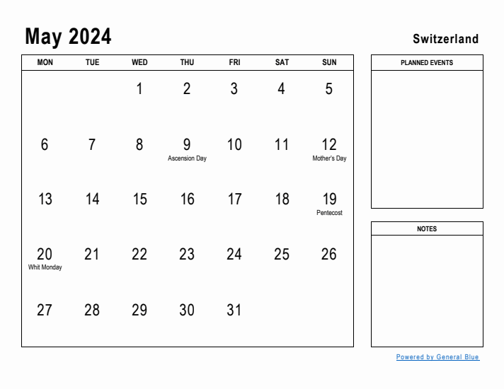 May 2024 Printable Monthly Calendar with Switzerland Holidays