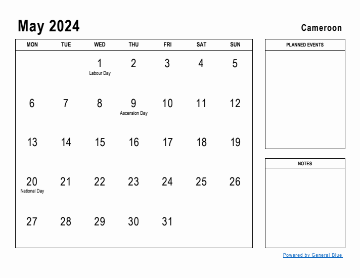 May 2024 Printable Monthly Calendar with Cameroon Holidays