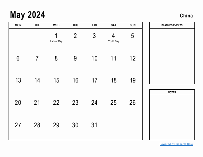 May 2024 Printable Monthly Calendar with China Holidays