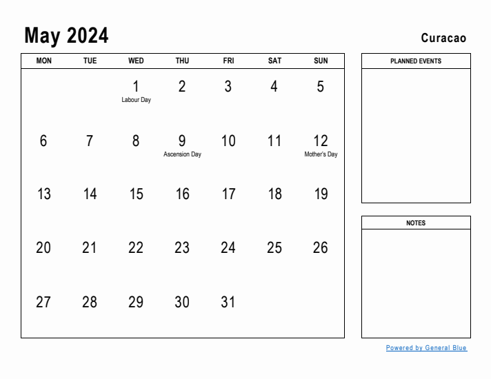 May 2024 Printable Monthly Calendar with Curacao Holidays