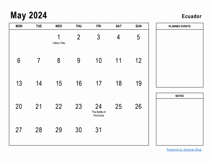 May 2024 Printable Monthly Calendar with Ecuador Holidays