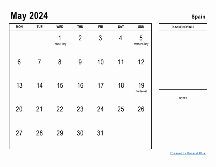 May 2024 Printable Monthly Calendar with Spain Holidays