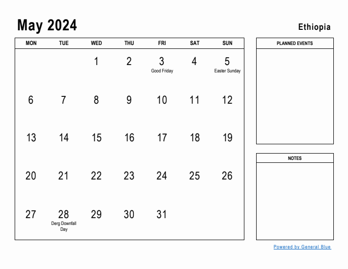 May 2024 Printable Monthly Calendar with Ethiopia Holidays