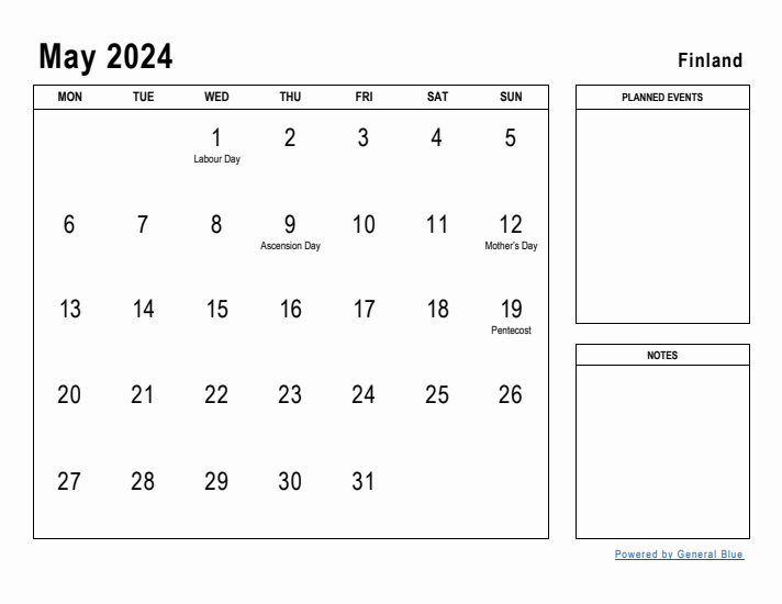 May 2024 Printable Monthly Calendar with Finland Holidays