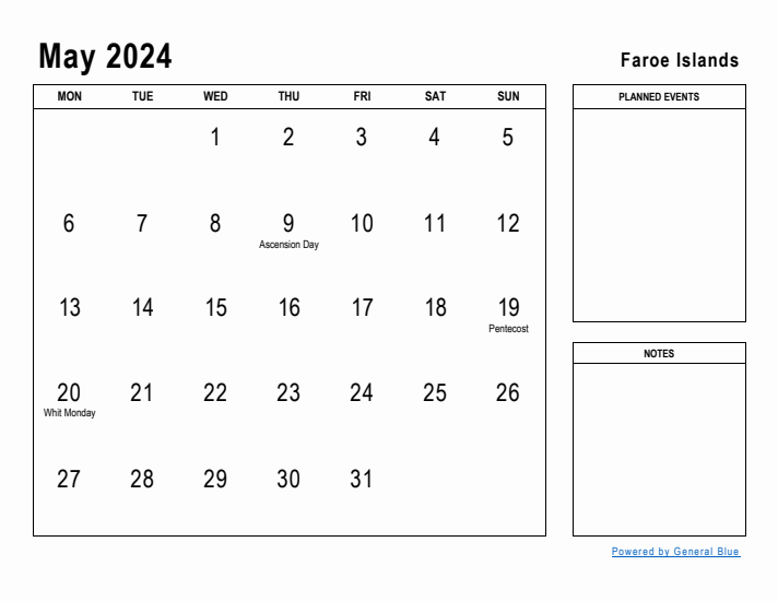 May 2024 Printable Monthly Calendar with Faroe Islands Holidays