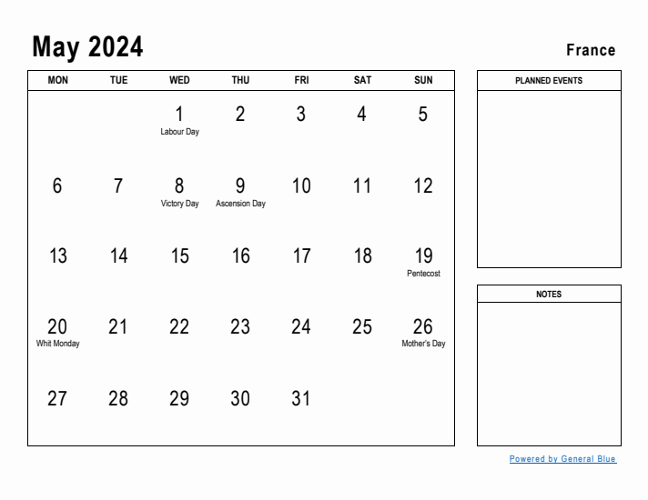 May 2024 Printable Monthly Calendar with France Holidays