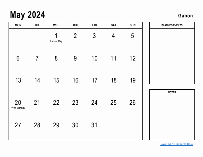 May 2024 Printable Monthly Calendar with Gabon Holidays