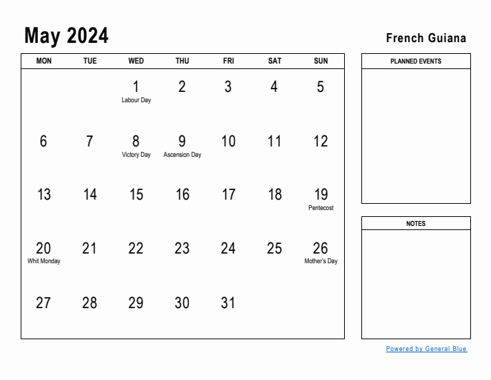 May 2024 Printable Monthly Calendar with French Guiana Holidays