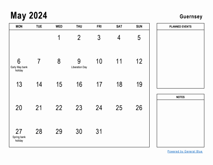 May 2024 Printable Monthly Calendar with Guernsey Holidays