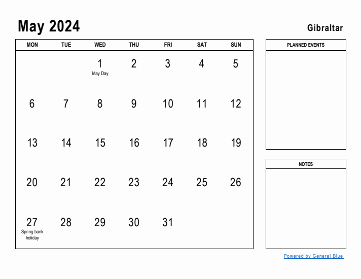 May 2024 Printable Monthly Calendar with Gibraltar Holidays