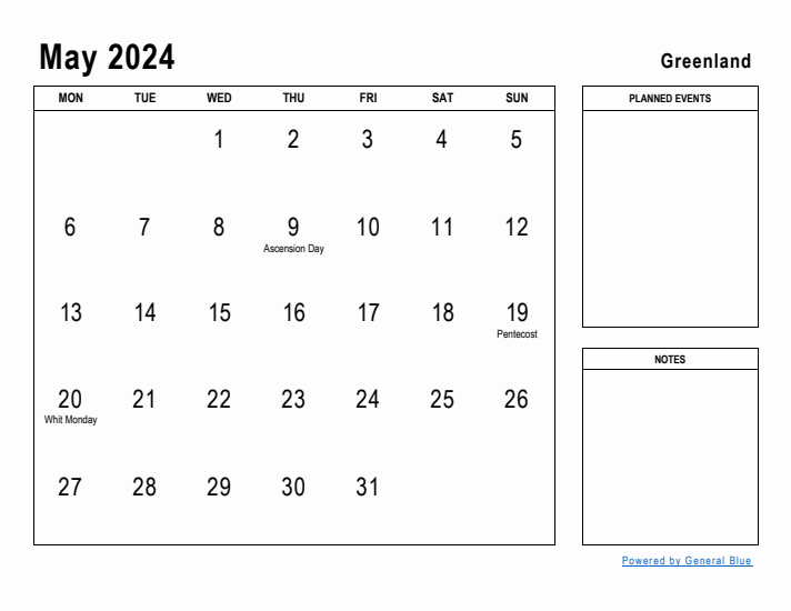 May 2024 Printable Monthly Calendar with Greenland Holidays