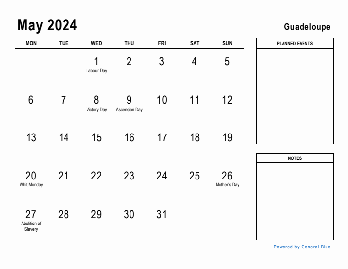 May 2024 Printable Monthly Calendar with Guadeloupe Holidays