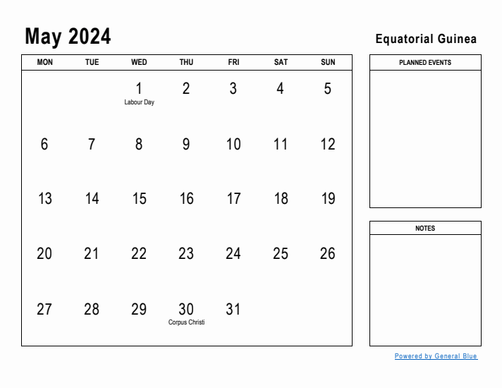 May 2024 Printable Monthly Calendar with Equatorial Guinea Holidays