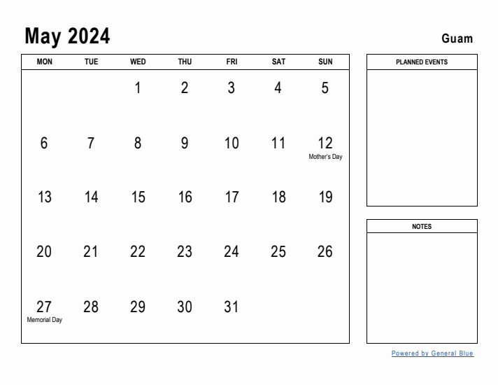 May 2024 Printable Monthly Calendar with Guam Holidays